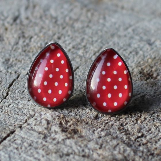 Boucles d'oreilles goutte pois rouge et blanc