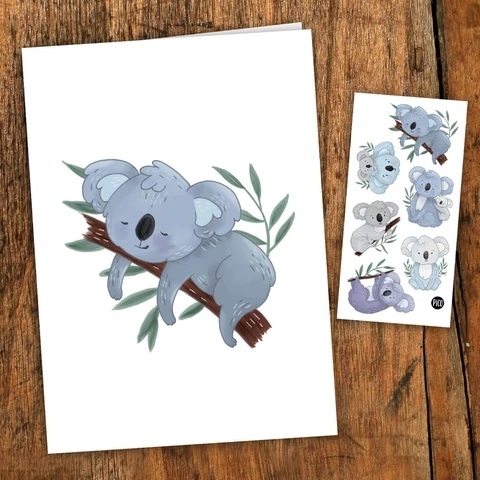 Carte de souhaits et tatou temporaire Lorik le koala
