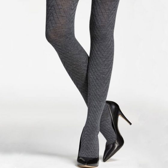 Graphite mix merino wool tights - herringbone pattern