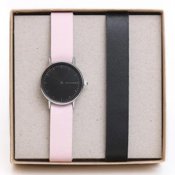 Duo de montres pour femme en cuir recyclé noir et rouge