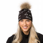 Tuque Aller...rêves noir et blanc à pompon en fourrure recyclée