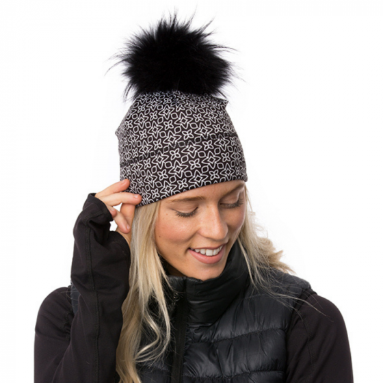 Tuque Livia noir et blanc à pompon en fourrure recyclée