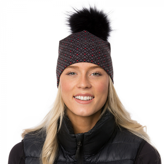 Tuque Sidonie asphalte et hibiscus à pompon en fourrure recyclée