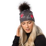 Tuque La vie est belle coeur ASPHALTE-blanc coeur HIBISCUS à pompon en fourrure recyclée