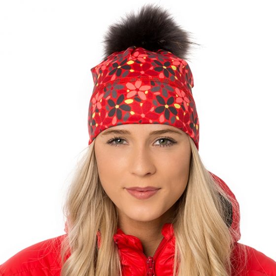 Tuque Clara rouge à pompon en fourrure recyclée