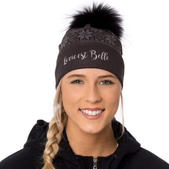 Tuque flocons La vie est belle asphalte à pompon en fourrure recyclée