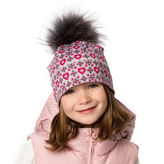 Tuque Ema magenta à pompon en fourrure recyclée pour enfant