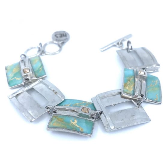 Bracelet carré en étain avec cristaux de Swarovski aqua et or