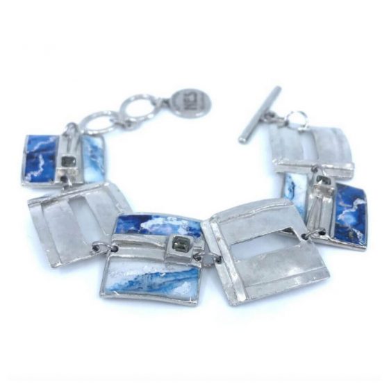 Bracelet carré en étain avec cristaux de Swarovski bleu et argent
