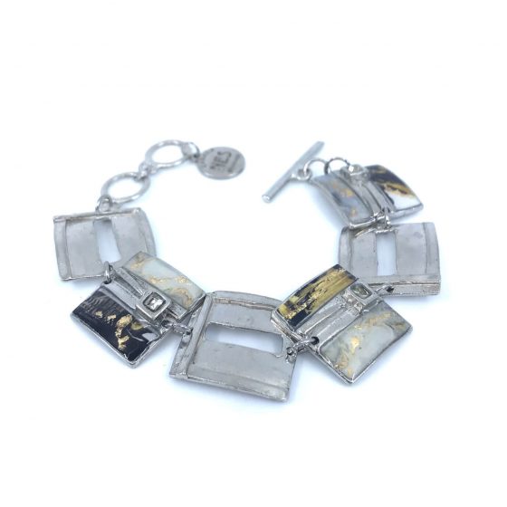 Bracelet carré en étain avec cristaux de Swarovski noir et or