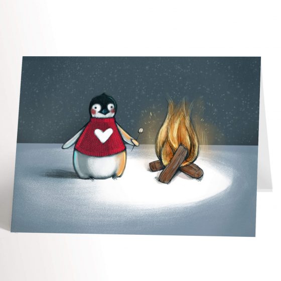 Carte de souhaits Pingouin près du feu