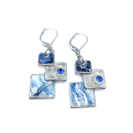 Boucles d'oreilles 3 carrés bleu et argent