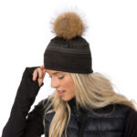 Tuque Florence noir-kaki à pompon naturel en fourrure recyclée