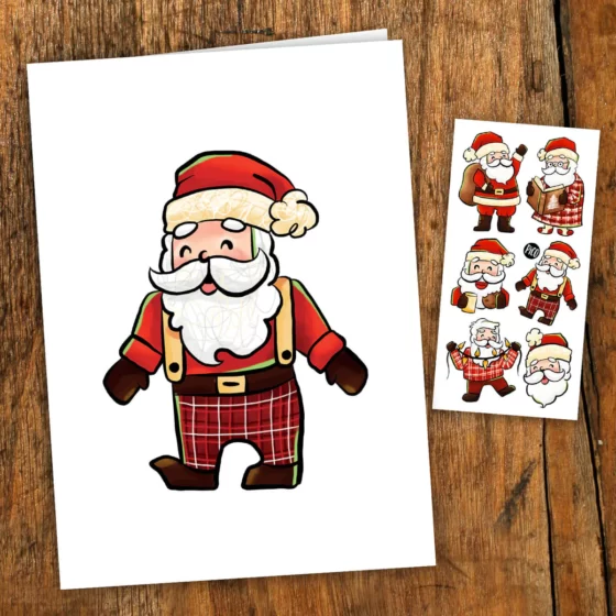 Carte de souhaits et tatou temporaire Le Père Noël en pyjama