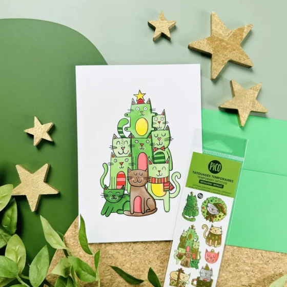 Carte de souhaits et tatou temporaire Le chatpin de Noël