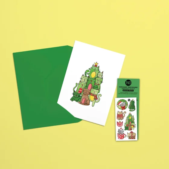 Carte de souhaits et tatou temporaire Le chatpin de Noël