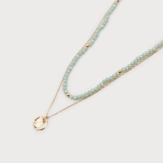 Collier 2 rangs perles et métal Menthe
