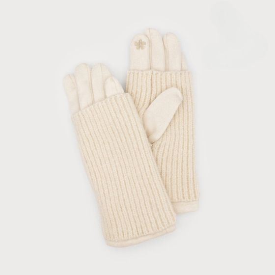 Gants chauffe-poignets côtelés en faux suède Crème