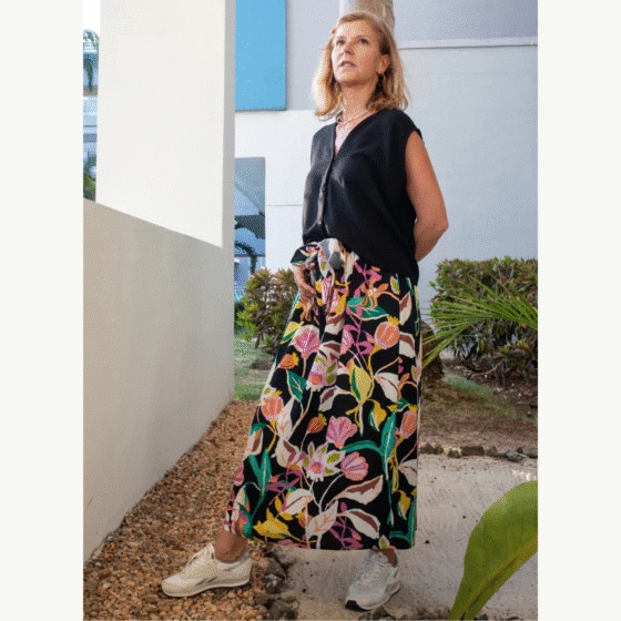 Jupe imprimée à taille haute avec boucle Noir fleuri