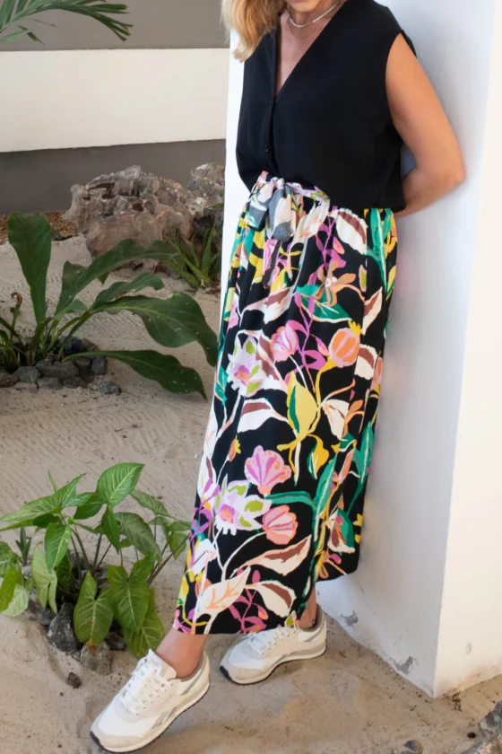 Jupe imprimée à taille haute avec boucle Noir fleuri